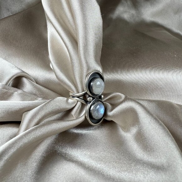 Silver Ring With Double Moonstone Natural Gemstone Statement Jewelry Size 7.5 - Picture 2 of 5